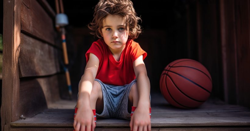 A young boy sitting on a wooden step with his hands in front of him